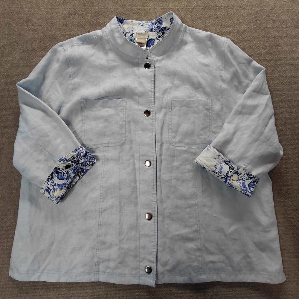 Chicos Reversible Blue Floral Womens Size 4 XXL Linen Snap Front Pockets Coastal